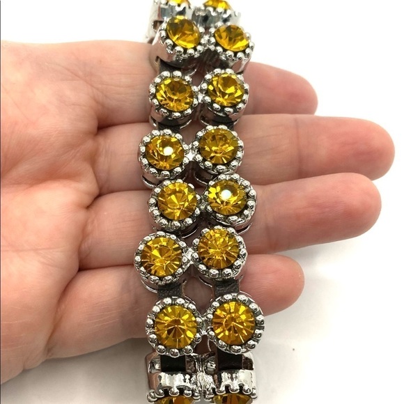 Bracelet Yellow Crystal Sliding Beads Brown Leather Silver Tone Clasp Statement - Picture 4 of 12